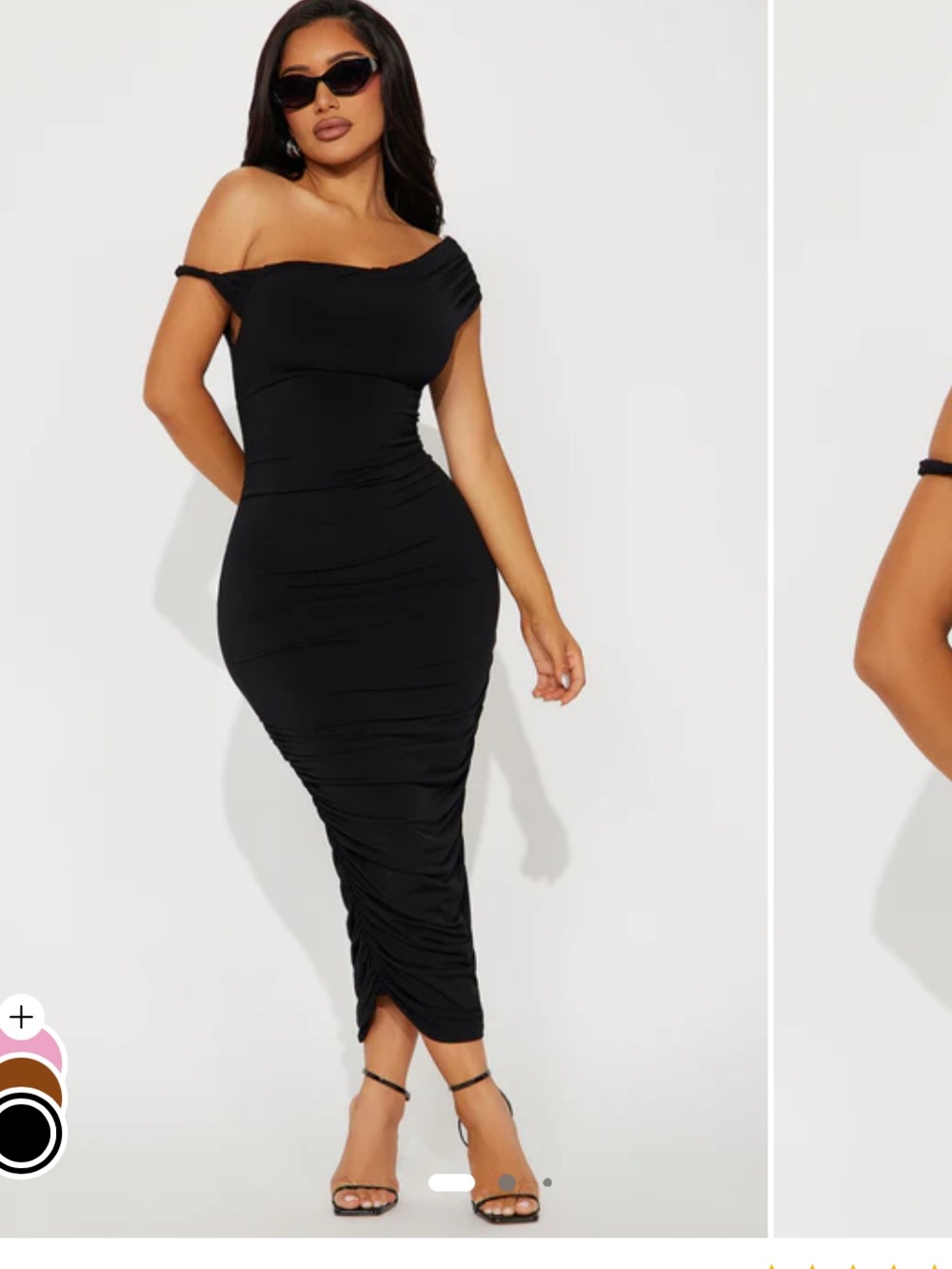 Off-Shoulder Ruched Midi Dress - Black